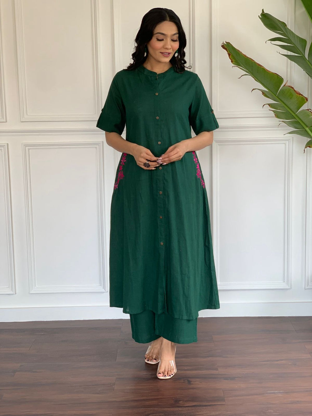 Emerald Fern Button-Down Kurta Set