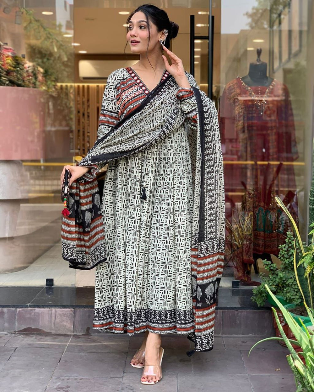 Ivory Noir Tribal Print Kurta Set with Dupatta