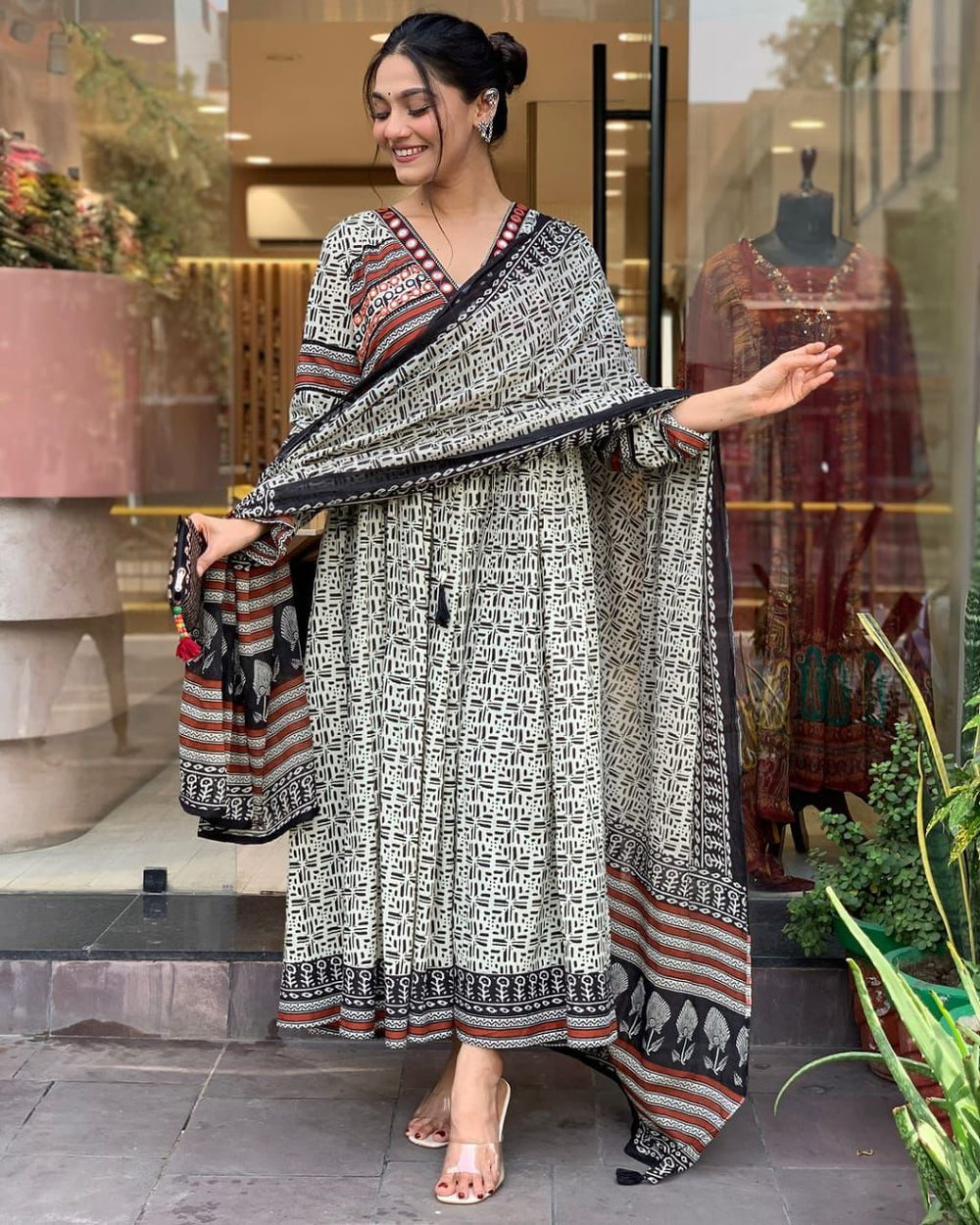 Ivory Noir Tribal Print Kurta Set with Dupatta