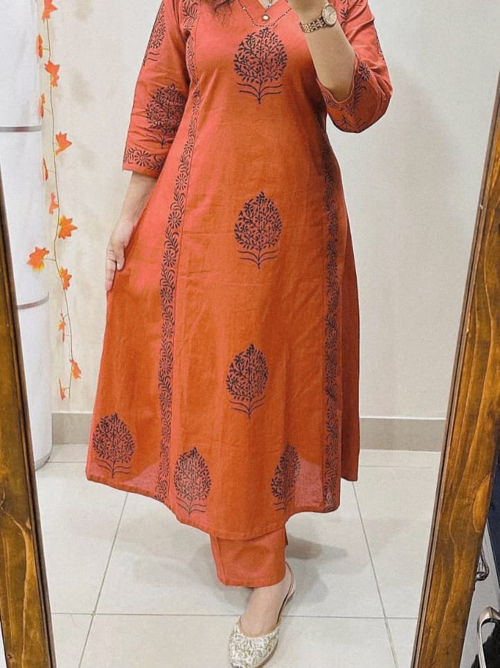 Aarohi Rust Handblock Print Kurta Set