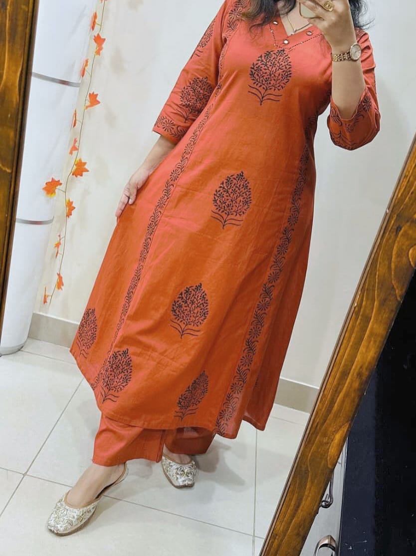 Aarohi Rust Handblock Print Kurta Set