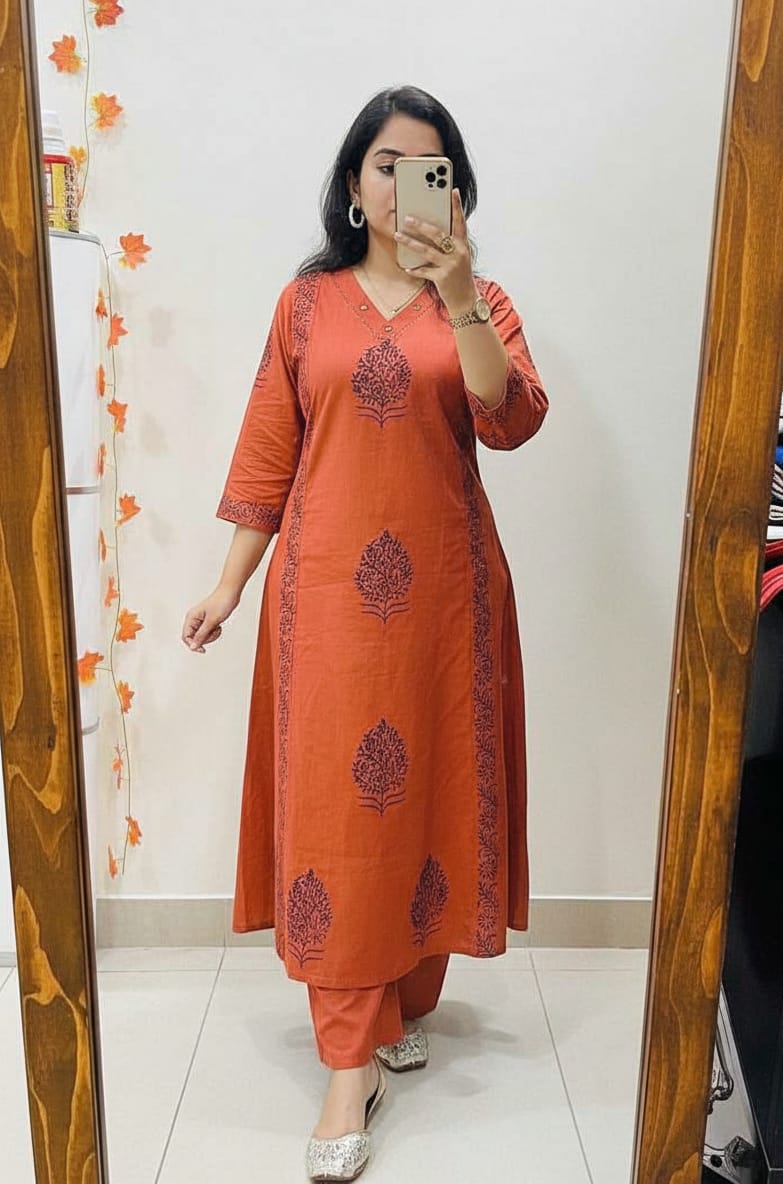 Aarohi Rust Handblock Print Kurta Set