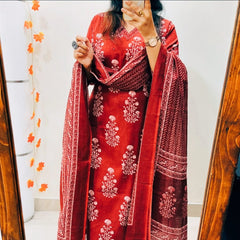 Ruhani Red Handblock Kurta Set with Dupatta