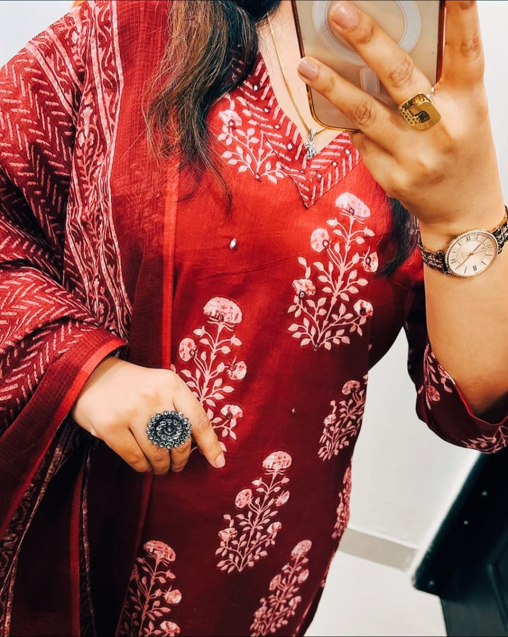 Ruhani Red Handblock Kurta Set with Dupatta