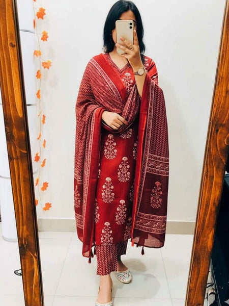 Ruhani Red Handblock Kurta Set with Dupatta