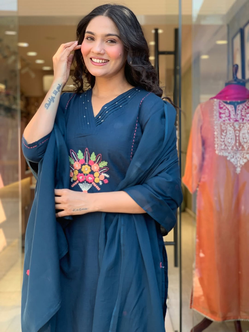 Noor Teal Floral Embroidered Kurta Set