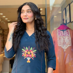 Noor Teal Floral Embroidered Kurta Set