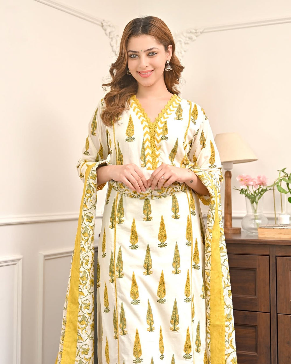 Golden Gulmohar” Cotton Kurta Pant Dupatta Set