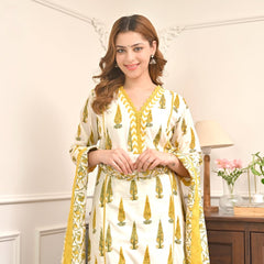 Golden Gulmohar” Cotton Kurta Pant Dupatta Set