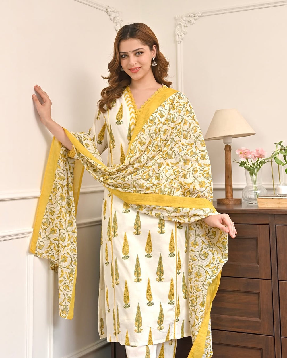Golden Gulmohar” Cotton Kurta Pant Dupatta Set