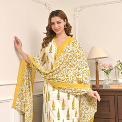 Golden Gulmohar” Cotton Kurta Pant Dupatta Set