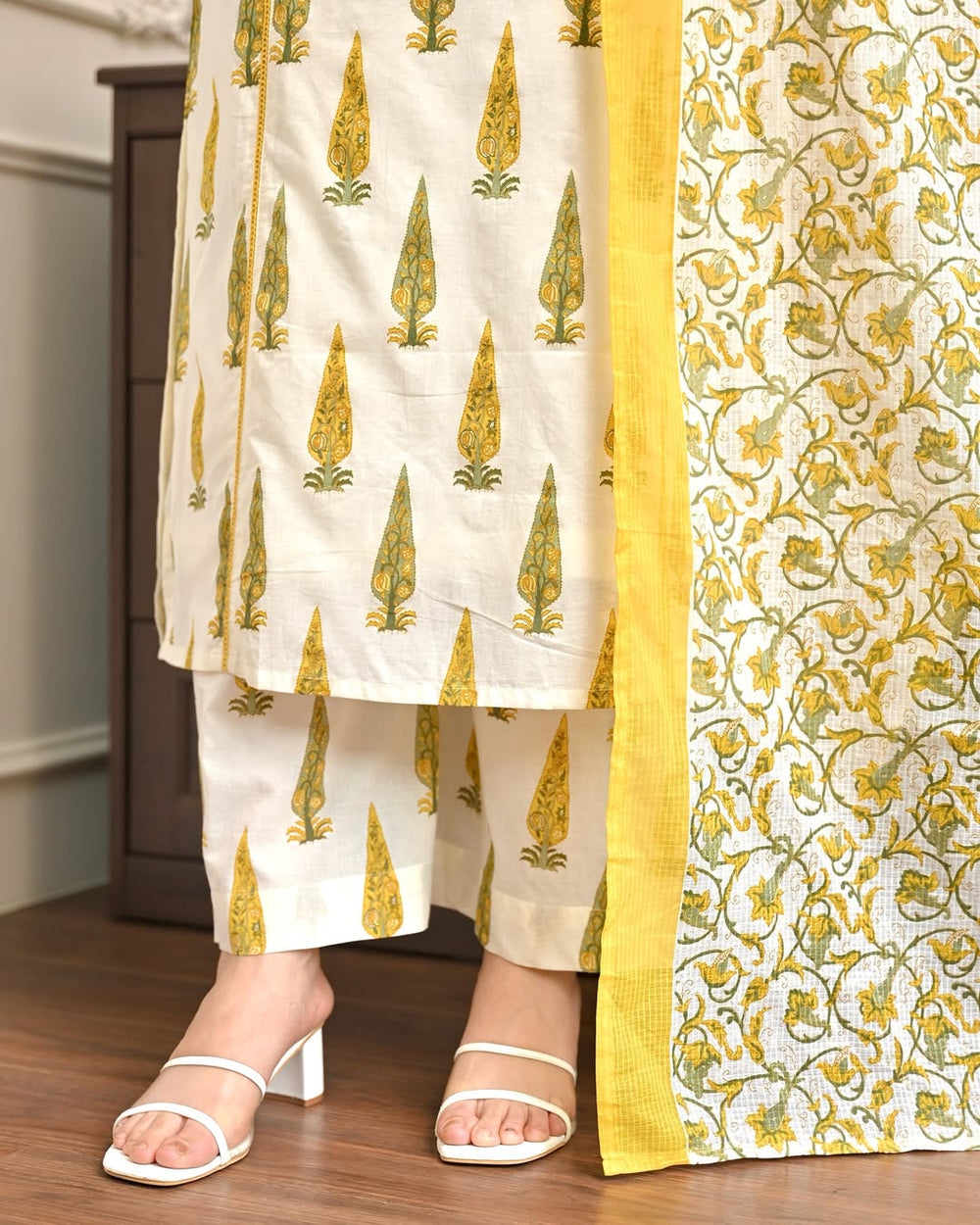 Golden Gulmohar” Cotton Kurta Pant Dupatta Set