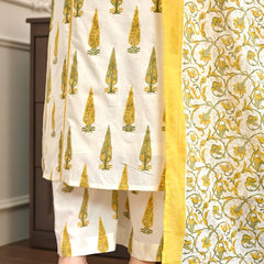 Golden Gulmohar” Cotton Kurta Pant Dupatta Set
