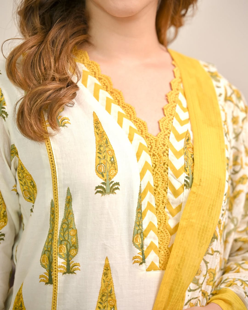 Golden Gulmohar” Cotton Kurta Pant Dupatta Set