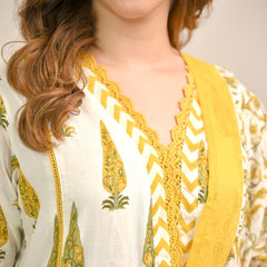 Golden Gulmohar” Cotton Kurta Pant Dupatta Set