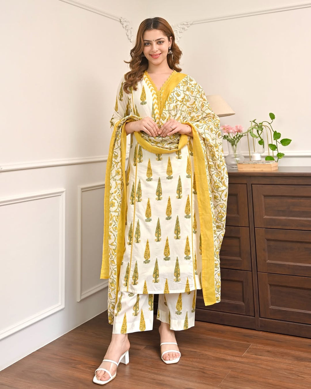 Golden Gulmohar” Cotton Kurta Pant Dupatta Set
