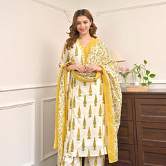 Golden Gulmohar” Cotton Kurta Pant Dupatta Set