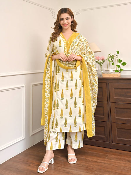 Golden Gulmohar” Cotton Kurta Pant Dupatta Set