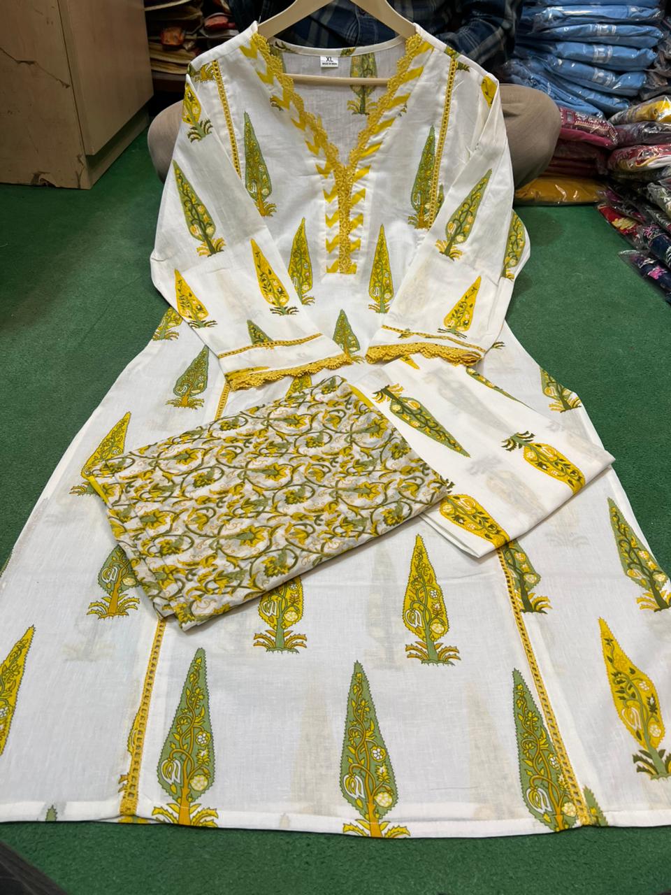 Golden Gulmohar” Cotton Kurta Pant Dupatta Set