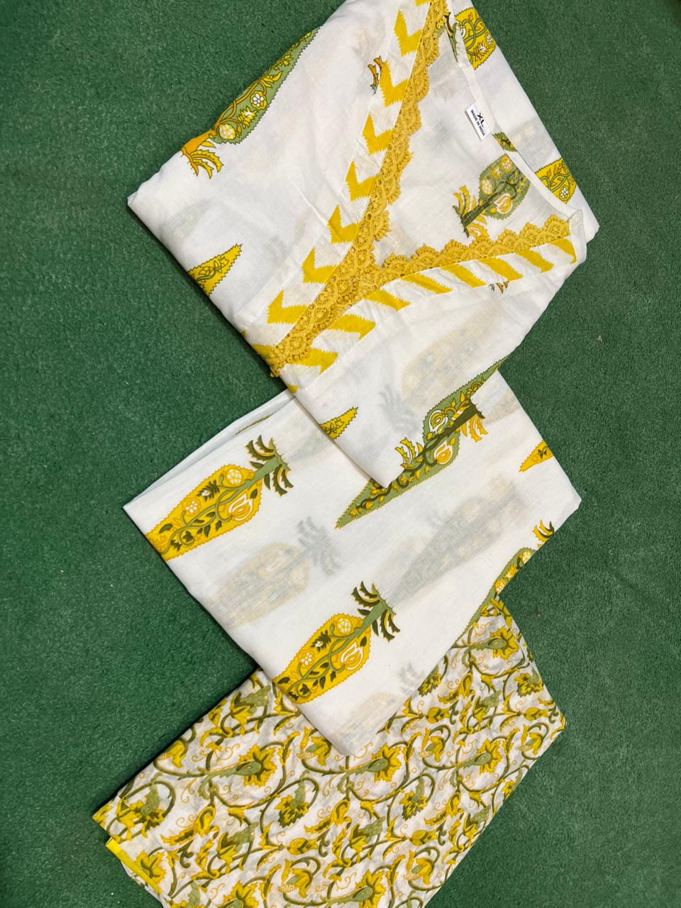 Golden Gulmohar” Cotton Kurta Pant Dupatta Set