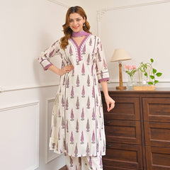 “Lavender Noor” Cotton Kurta Pant Dupatta Set