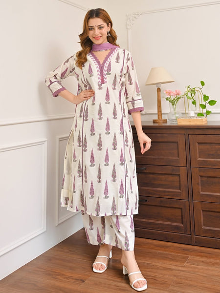 “Lavender Noor” Cotton Kurta Pant Dupatta Set