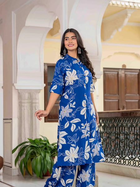 Blue Rayon Printed Aline Kurta set Women