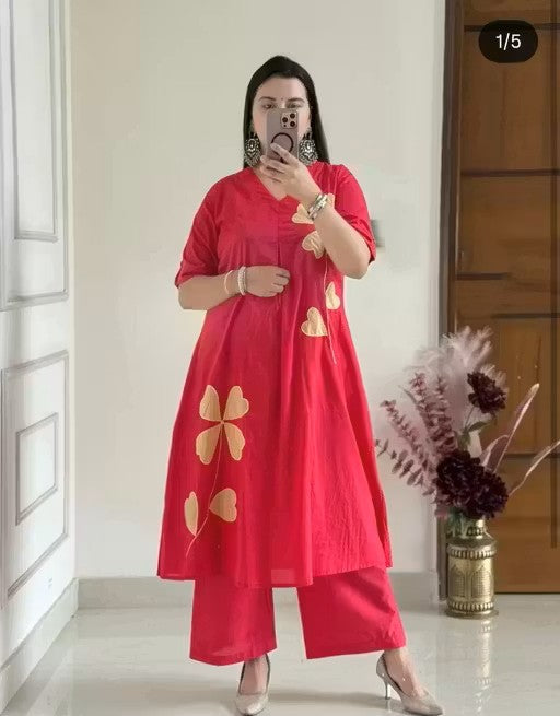 Crimson Petal Appliqué Kurta Pant Set
